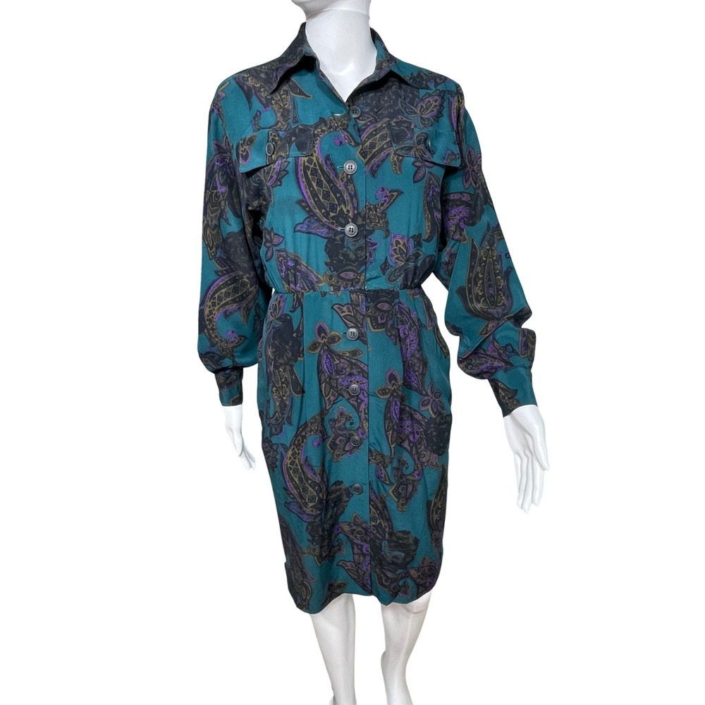 90's Maximalist Office Vintage 100% Silk Paisley Shirt Dress Purple Retro Lux
